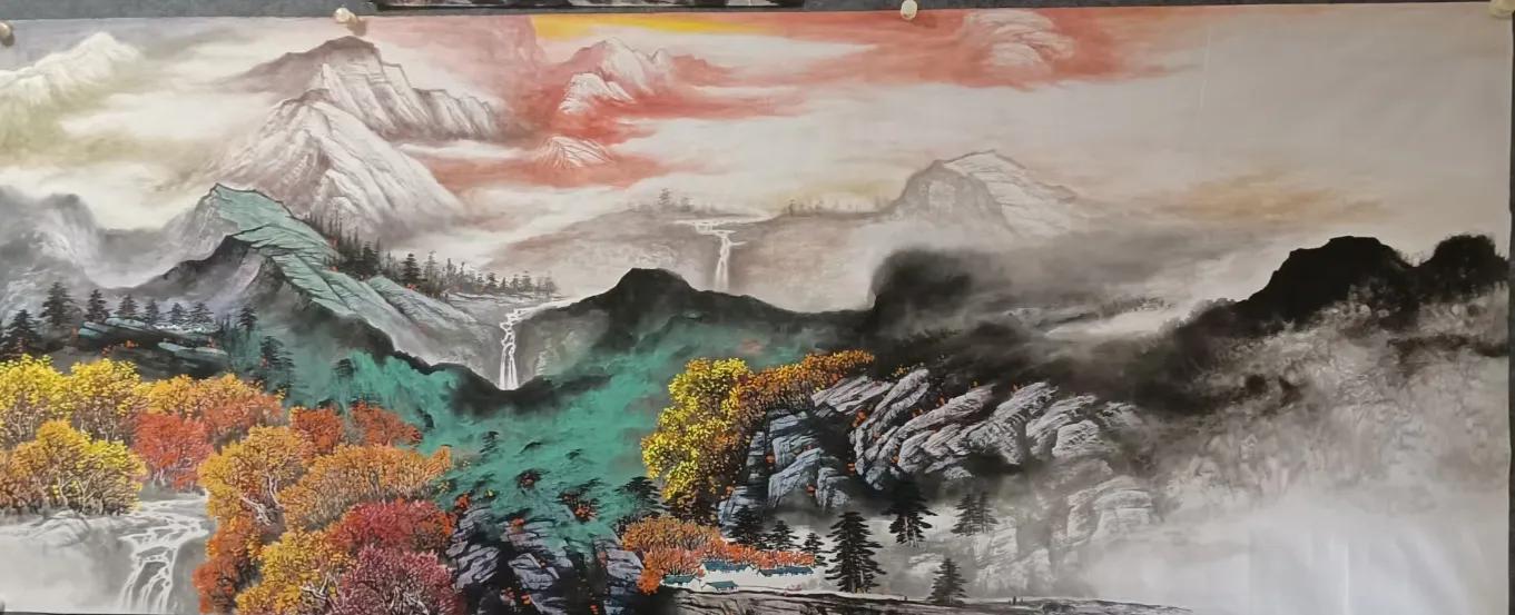 办公室山水画背景墙挂画流水生财,鸿运当头山水画背景墙办公室