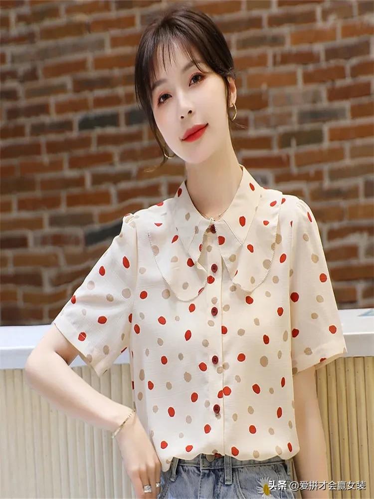 波点短袖衬衫飘带女款2022款时尚,雪纺衬衫女春季新款韩版宽松显瘦