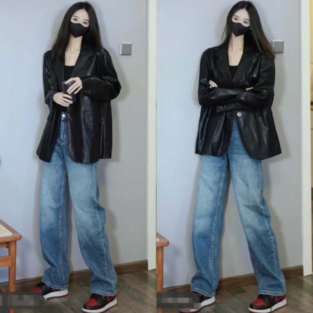 秋冬黑色宽松皮衣两件套,40-50岁洋气皮衣套装