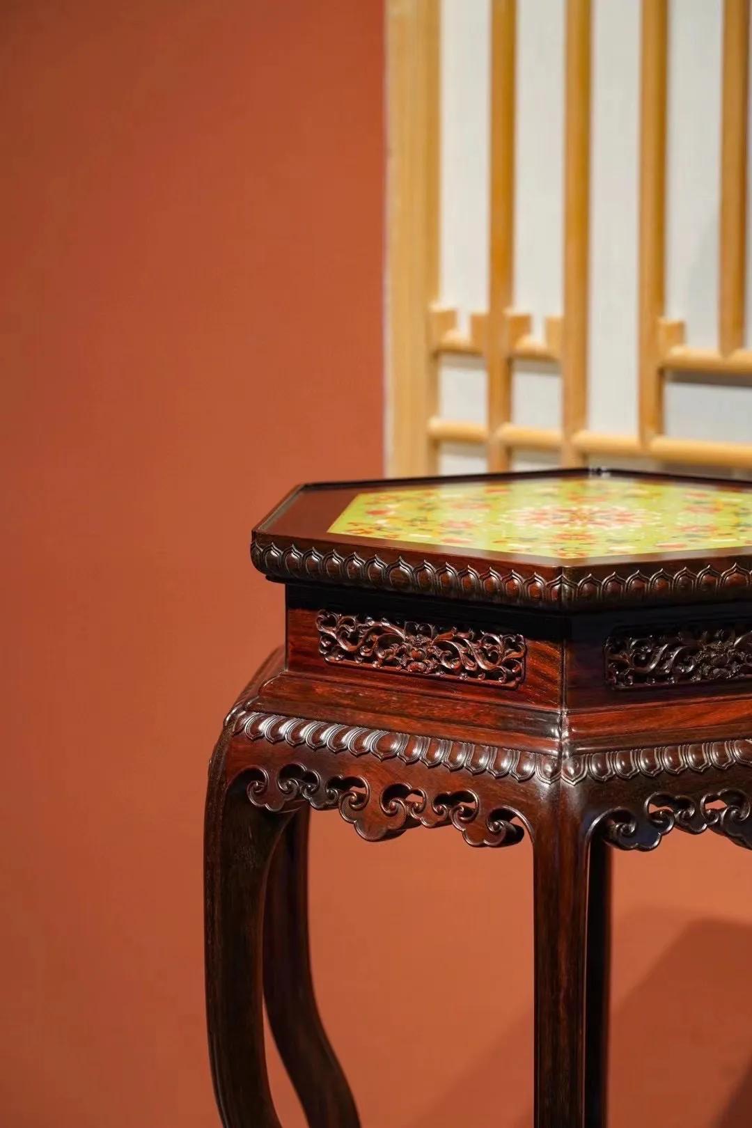 宫廷风｜镶珐琅六边几｜大红酸枝规格：46*46*90cm