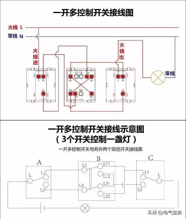 电工接线方法单开双控三控,家装三控开关线路图