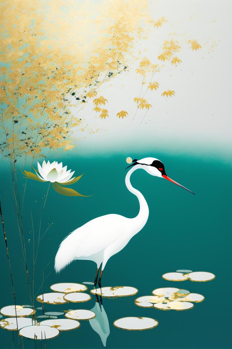 水墨画荷花中的芦苇水草,水墨荷花水中倒影绘画