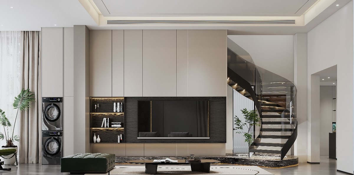 客厅法式线条灯带效果图,极简风格顶面灯带