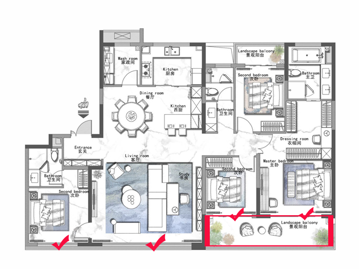央玺143平改5房,好户型四室两厅